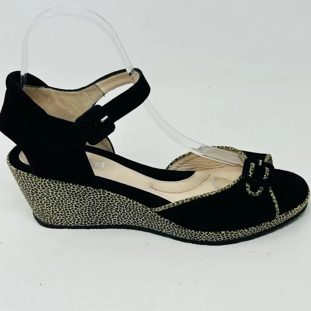 Beautifeel Sandals Black Size 38 Suede Ankle Strap Giraffe Print Wedge Heel